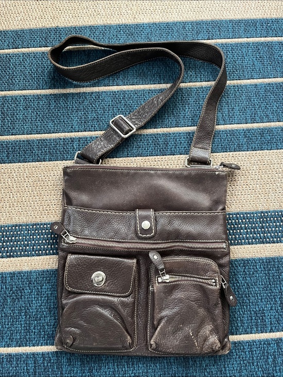 Roots Handbags - Roots Dark Brown Leather Crossbody Bag with Front Pockets